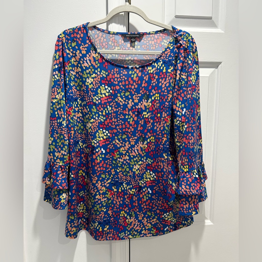 Zac & Rachel Royal Blue Floral Dot Ruffle-Sleeve Blouse